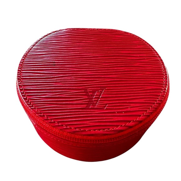 Authentic Louis Vuitton Red Epi Leather & Suede Round Jewelry Vanity Travel Case - Picture 2 of 15